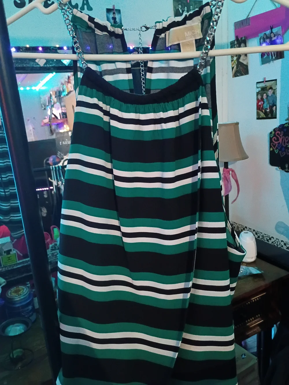 Michael Kors Black Green White Striped Chain-Shoulder Tank